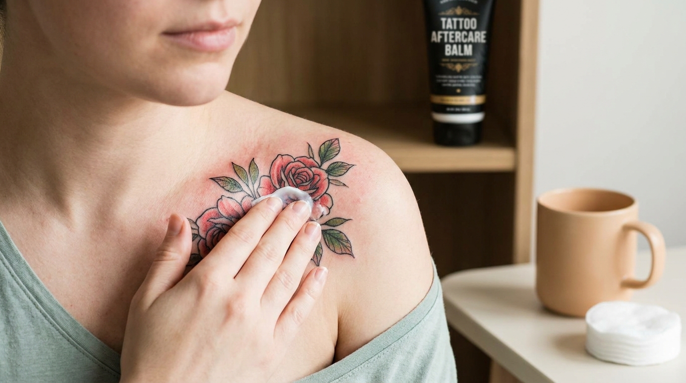Fotografia lifestyle ravvicinata di una persona che applica delicatamente uno strato sottile di crema specifica per la cura del tatuaggio su un tatuaggio floreale fresco e colorato sulla clavicola.
