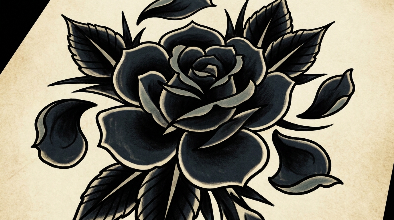 "Design di tatuaggio Neo-traditional raffigurante una rosa nera elegante e misteriosa, con sfumature grigio antracite che donano profondità e realismo ai petali. La composizione è arricchita da foglie stilizzate affilate e petali fluttuanti, con linee pulite e forte impatto visivo."
