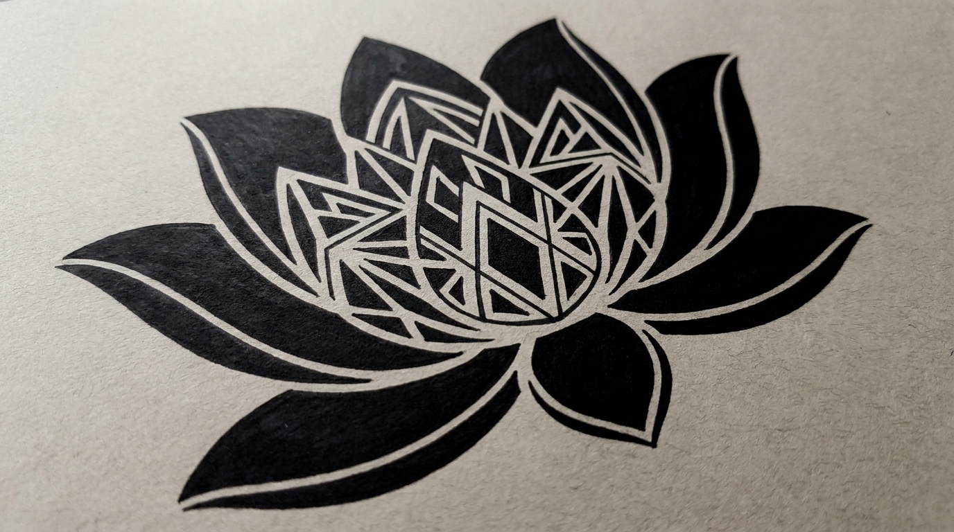 Potente disegno di tatuaggio in stile Blackwork raffigurante un fiore di loto. I petali esterni sono riempiti con inchiostro nero intenso e uniforme, mentre i petali interni presentano linee geometriche nitide ad alto contrasto, creando un effetto deciso e moderno.