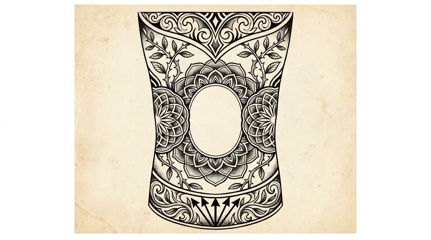 Creativo layout di tatuaggio Blackwork progettato specificamente attorno all’area del ginocchio. Motivi geometrici simmetrici o viticci botanici aperti incorniciano perfettamente la rotula circolare, lasciando la pelle centrale libera e collegando armoniosamente i tatuaggi della coscia superiore e della parte inferiore della gamba.