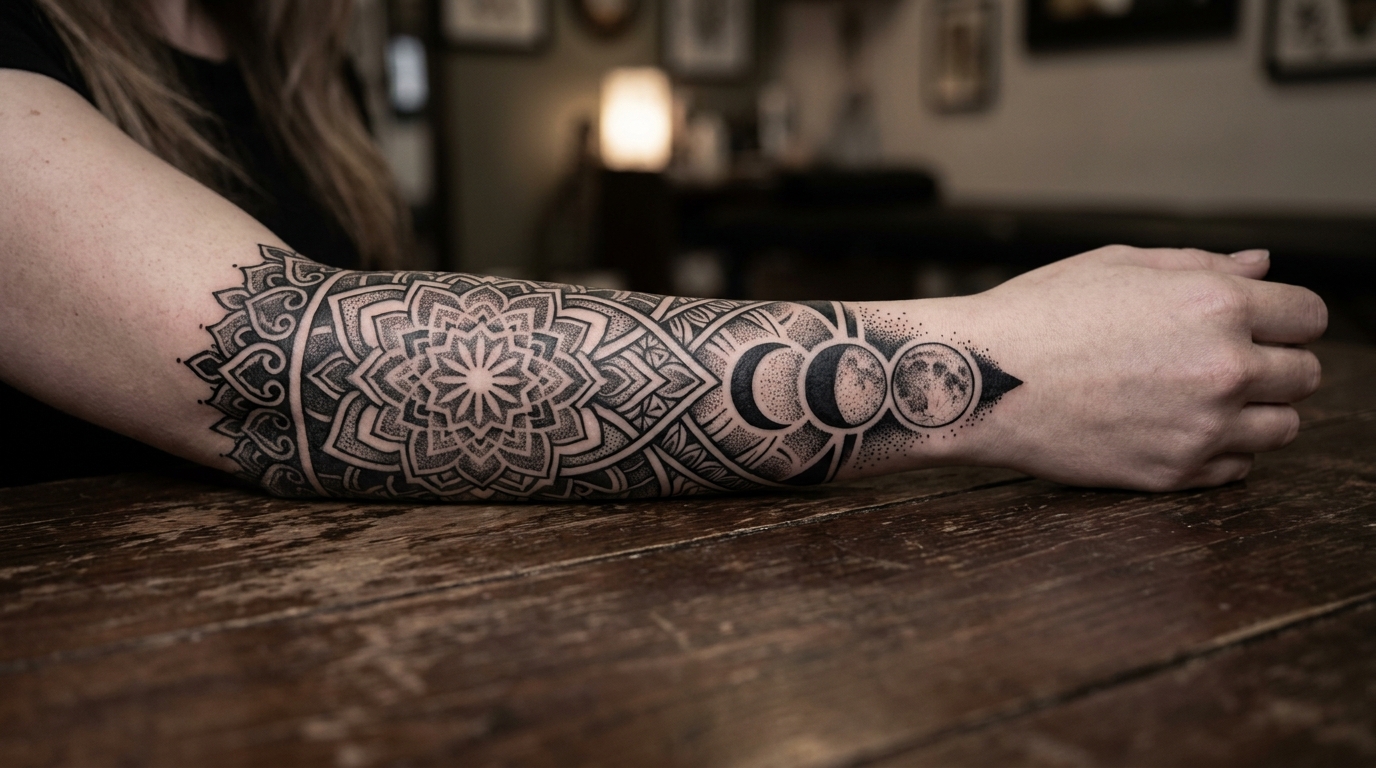 Un dettagliato tatuaggio in stile Blackwork sull'avambraccio esterno di una donna, caratterizzato da motivi geometrici netti combinati con le fasi lunari. Alto contrasto, inchiostro nero pieno, linee perfettamente simmetriche, stile ornamentale moderno, atmosfera artistica e audace.