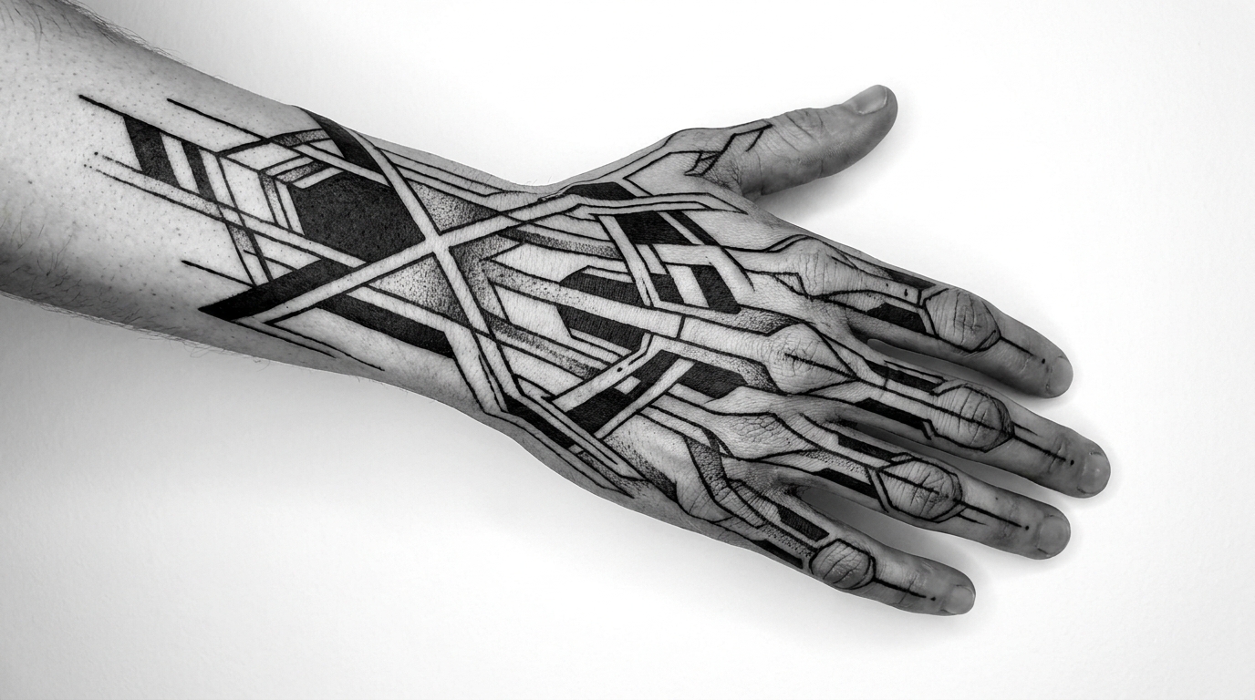 *Tatuaggio grafico Blackwork con motivi geometrici netti lungo i tendini e le ossa visibili del dorso della mano, enfatizzando la struttura anatomica con riempimenti neri intensi.*
