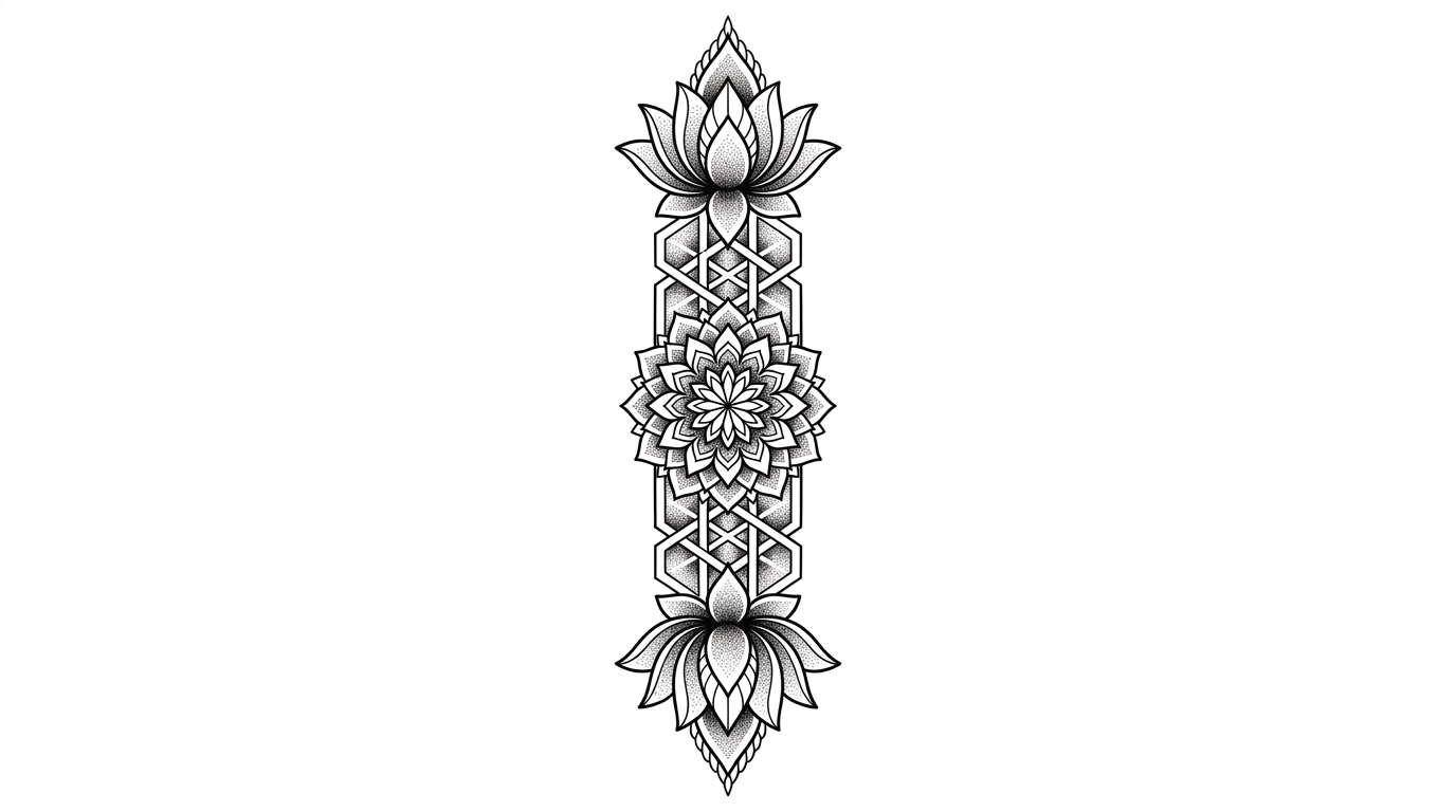Disegno di tatuaggio ornamentale Blackwork centrato sullo sterno. Il pezzo presenta una disposizione verticale di geometrie sacre e petali di loto che seguono armoniosamente la linea naturale dell’osso del petto.
