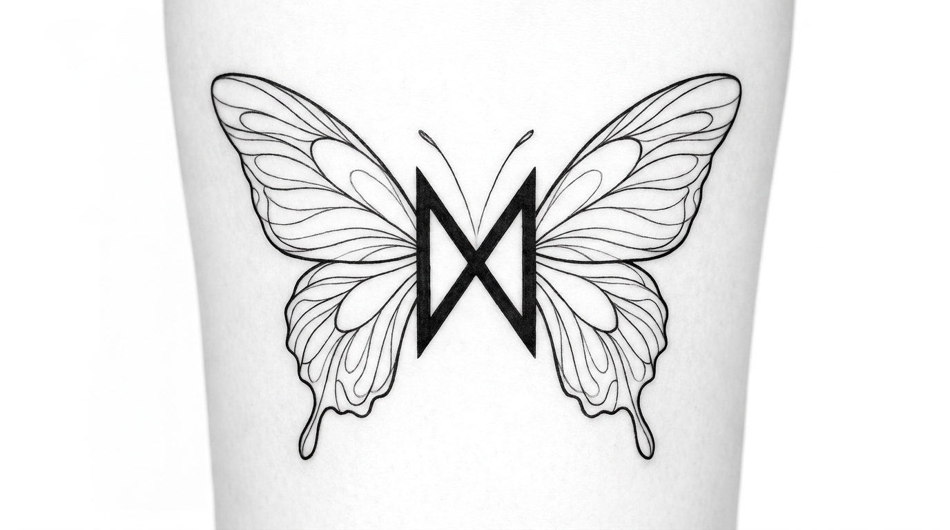 Design minimalista di tatuaggio in inchiostro nero che fonde una farfalla con la runa nordica Dagaz. Il corpo centrale della farfalla presenta un simbolo runico geometrico e pulito, con eleganti ali a linea sottile che si estendono lateralmente. Linee nitide, sfondo bianco pulito, stile contemporaneo e spirituale.