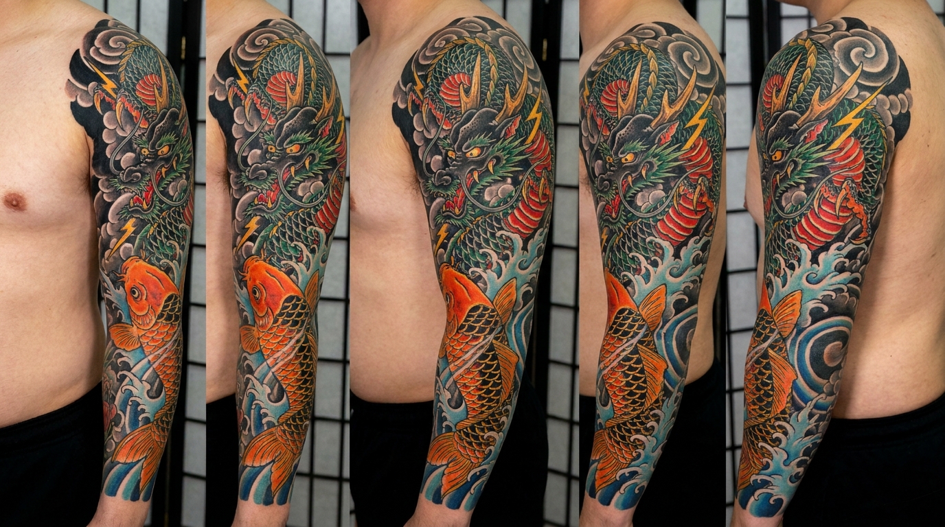 Classico tatuaggio a manica in stile Irezumi giapponese, raffigurante una carpa Koi arancione che nuota verso l'alto attraverso correnti impetuose e si trasforma in un possente drago giapponese nero e verde che emerge dalle nuvole temporalesche, con un movimento dinamico e ricchi colori tradizionali di inchiostro.