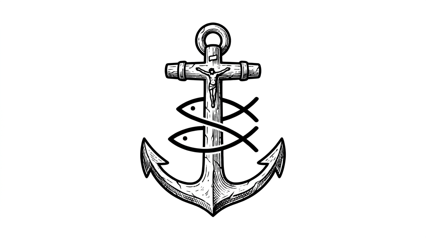 Antico disegno di tatuaggio esoterico raffigurante una semplice ancora dei primi cristiani. La barra superiore è delicatamente stilizzata per ricordare un crocifisso nascosto, intrecciato con due simboli minimalisti del pesce. Texture effetto pietra incisa, stile linework storico, inchiostro nero nitido, isolato su uno sfondo bianco uniforme.