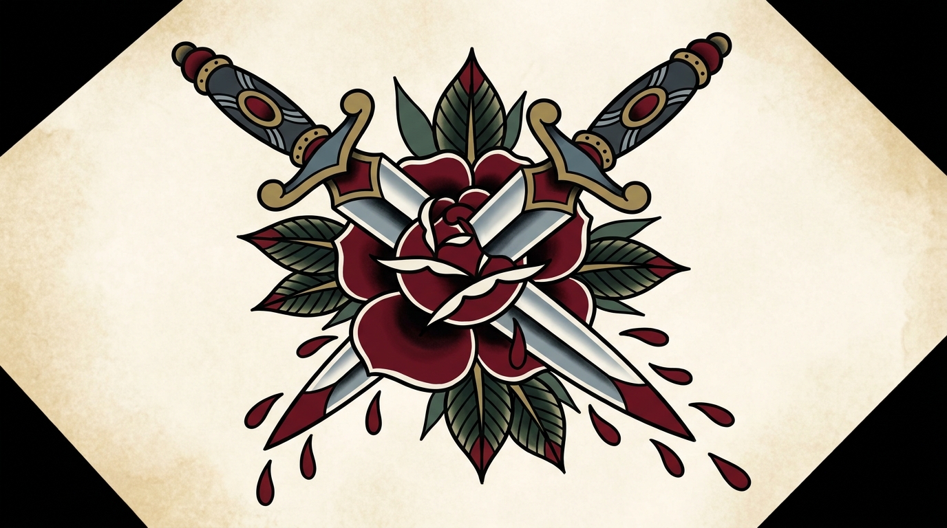 Disegno di tatuaggio Neo-tradizionale audace raffigurante un affilato pugnale d’argento che trafigge il centro di una rigogliosa rosa rossa. Gocce di sangue stilizzate decorano la lama, con linee decise e dettagli intensi tipici dello stile Neo-tradizionale.
