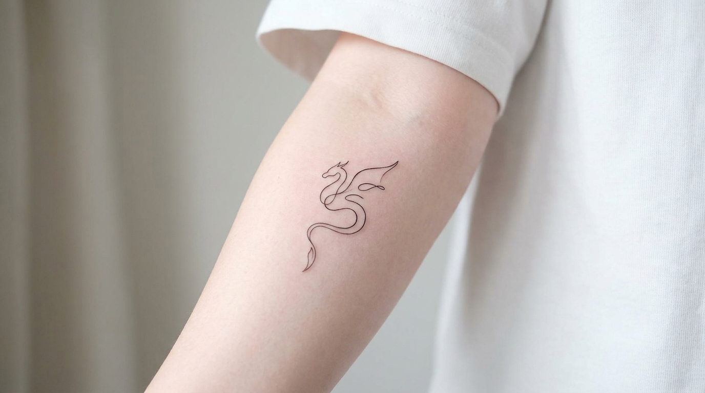 Tatuaggio minimalista a linee sottili raffigurante un piccolo drago disegnato con un'unica linea nera continua e un corpo sinuoso ed elegante, riprodotto con discrezione su un modello di avambraccio umano in uno stile pulito, moderno e ad alta risoluzione.