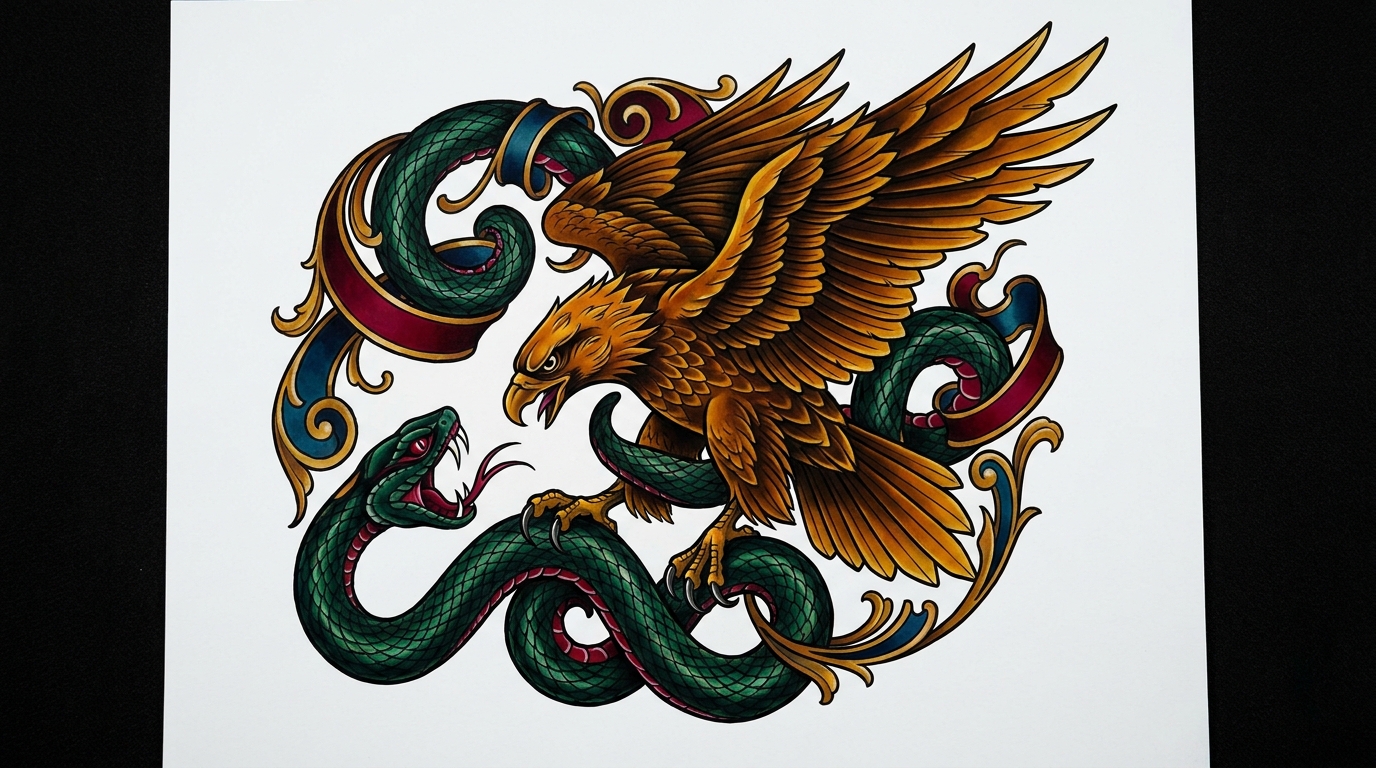 Intenso disegno di tatuaggio Neo-Traditional raffigurante una potente aquila impegnata in un combattimento aereo con un serpente velenoso sinuoso. Gli artigli affilati dell’aquila stringono con forza le spire del serpente, creando una composizione dinamica e drammatica.
