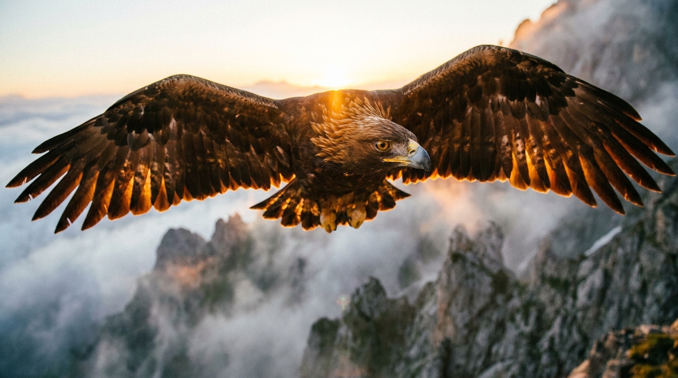 Spettacolare fotografia ravvicinata di una maestosa aquila reale che vola alta sopra cime montuose avvolte nella nebbia. Il sole illumina le punte dorato-marroni delle sue enormi ali spiegate, mentre la messa a fuoco nitida evidenzia il suo sguardo intenso e penetrante.