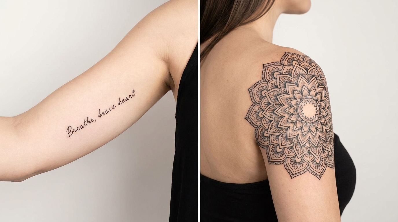 Una composizione divisa che mostra due diversi tatuaggi femminili sul braccio: a sinistra, una delicata citazione in corsivo sulla parte interna dell'avambraccio; a destra, un dettagliato disegno di mandala sulla spalla e sulla parte superiore del braccio.