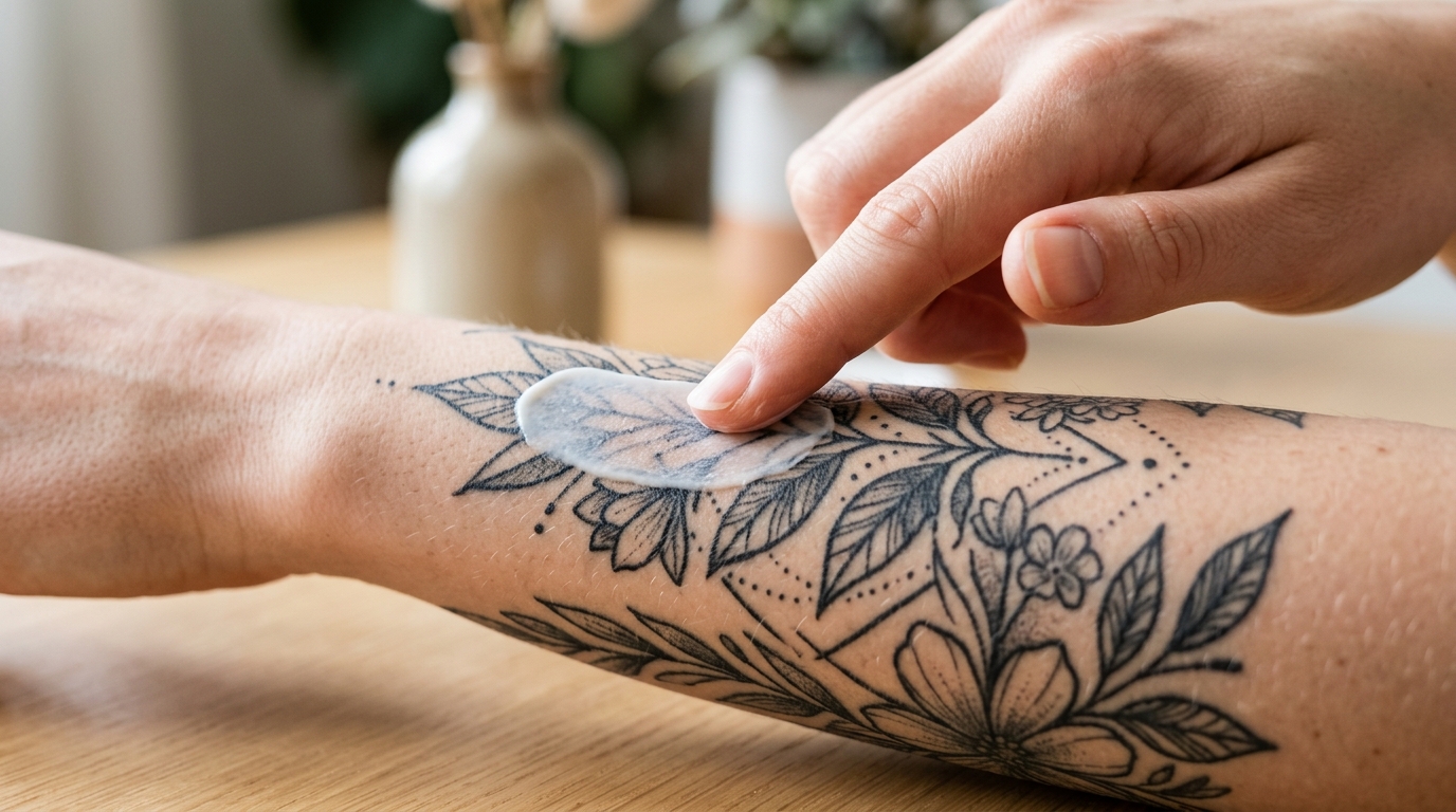 Un primo piano di un dito che stende delicatamente una crema bianca leggera su un avambraccio con un tatuaggio in inchiostro nero. La crema è parzialmente assorbita, lasciando un finish opaco sulla pelle, senza alcuna lucentezza oleosa. Le linee del tatuaggio sono nitide e definite attraverso il prodotto.