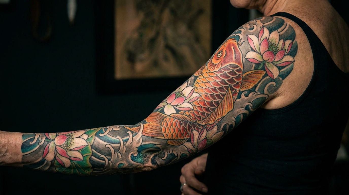 Tatuaggio a manica intera sul braccio di una donna, realizzato in un armonioso stile Irezumi giapponese. Raffigura una carpa koi, fiori di loto e motivi ondulati tradizionali.