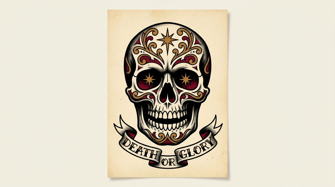 Classico disegno di tatuaggio American Traditional (Old School) raffigurante un teschio umano sorridente. Spessi contorni neri, ombreggiature nere piene e una vivace palette di colori con intensi accenti rossi e dorati attorno agli occhi.
