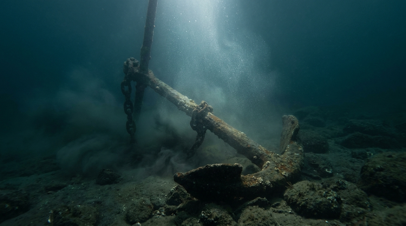 Fotografia suggestiva e atmosferica di una pesante ancora in ferro rustico appoggiata saldamente su un fondale marino scuro, circondata da profonde correnti d’acqua blu oceanico. Un morbido raggio di luce solare filtra attraverso l’acqua, illuminando il metallo dalla texture vissuta e le minuscole bolle sospese.