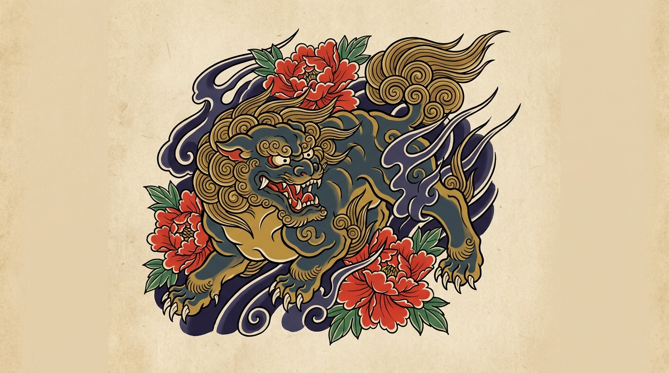 "Design tradizionale di tatuaggio giapponese Irezumi raffigurante un Karashishi, il leone giapponese, in posa dinamica e feroce. La creatura presenta ciuffi di pelo ricci, artigli affilati ed è circondata da vivaci fiori di peonia rossi e motivi stilizzati del vento. Forti contorni neri e una ricca palette tradizionale con tonalità di rosso, oro e blu-grigio intenso, su sfondo neutro."