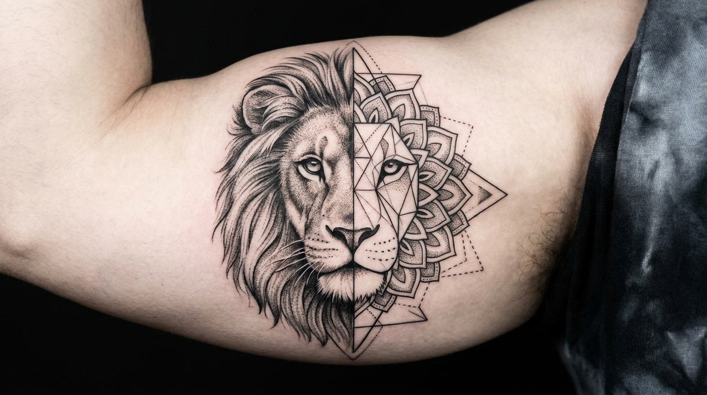 "Design contemporaneo di tatuaggio raffigurante un leone dal volto diviso. La metà sinistra del viso è realizzata in stile micro-realistico Black and Grey, mentre la metà destra si dissolve in intricate linee di geometria sacra, triangoli e metà di un dettagliato motivo mandala. Linee nitide e precise, perfetta simmetria ed estetica moderna di graphic design."