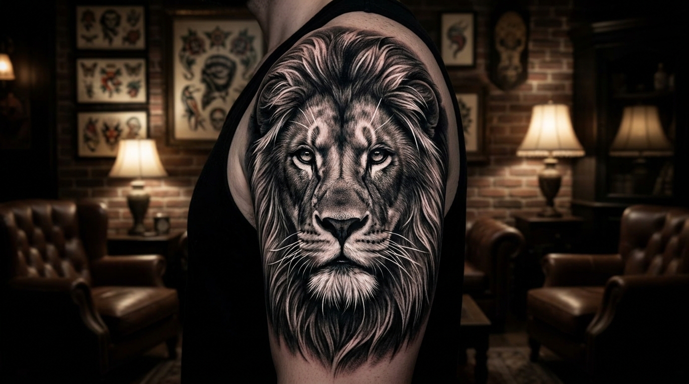 "Un sorprendente primo piano in studio di un tatuaggio realistico Black and Grey raffigurante il volto di un leone sulla spalla umana. Gli occhi del leone sono intensi e pieni di saggezza, mentre la criniera mostra dettagli intricati con luci marcate e ombre profonde. Illuminazione drammatica e atmosfera elegante da studio di tatuaggi di lusso."