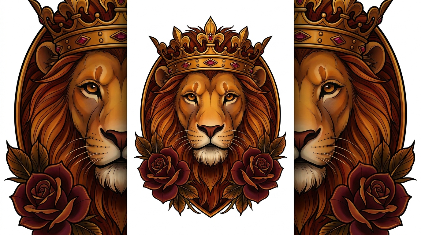 "Design di tatuaggio in stile Neo-traditional raffigurante una maestosa testa di leone con un’elaborata corona medievale dorata decorata da piccoli rubini. Il leone ha un’espressione fiera e calma. Linee marcate e pulite, sfumature morbide e ricche tonalità calde, accompagnato da due eleganti rose rosso scuro alla base. Isolato su uno sfondo bianco pulito."