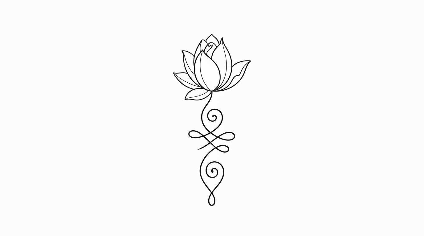 Disegno di tatuaggio minimalista fineline raffigurante un elegante bocciolo di fiore di loto parzialmente aperto, posizionato sulla sommità di un grazioso simbolo Unalome. Linee nere pulite e precise, con eleganti curve e spirali che rappresentano il percorso verso l’illuminazione.