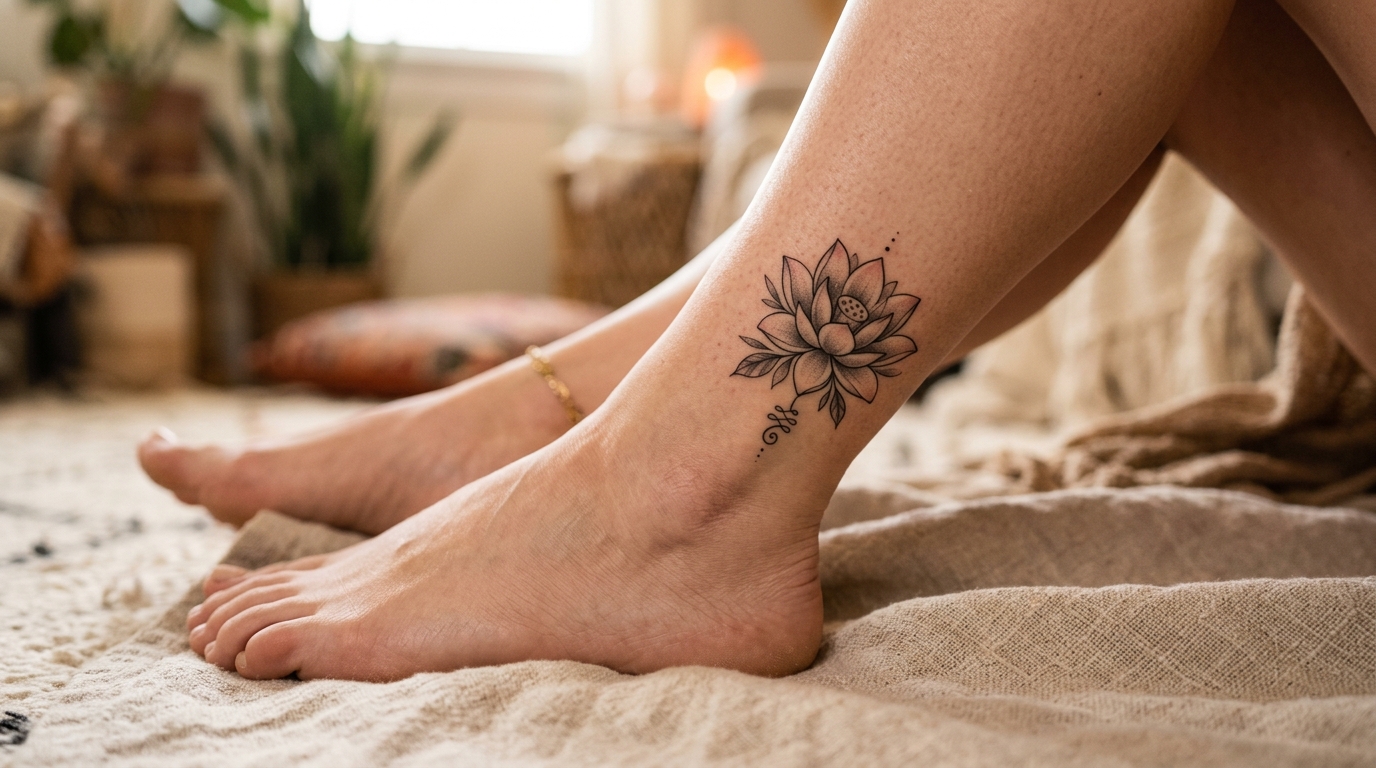Una macrofotografia di un piccolo e realistico tatuaggio a forma di fiore di loto sulla caviglia interna di una donna. Sfumature delicate, contorni precisi e un'atmosfera artistica e serena.