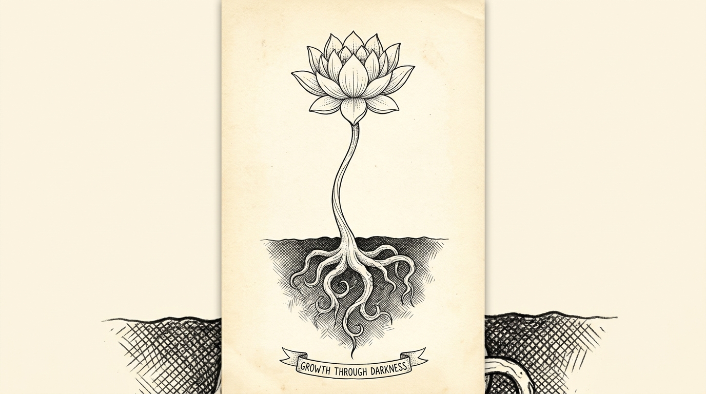 Layout illustrativo di tatuaggio fineline raffigurante una sezione completa di una pianta di loto: le radici sono visibili nella parte inferiore mentre si estendono in una terra stilizzata scura, un lungo ed elegante stelo verticale cresce verso l’alto attraversando uno spazio pulito, e un candido fiore bianco sboccia nella parte superiore.