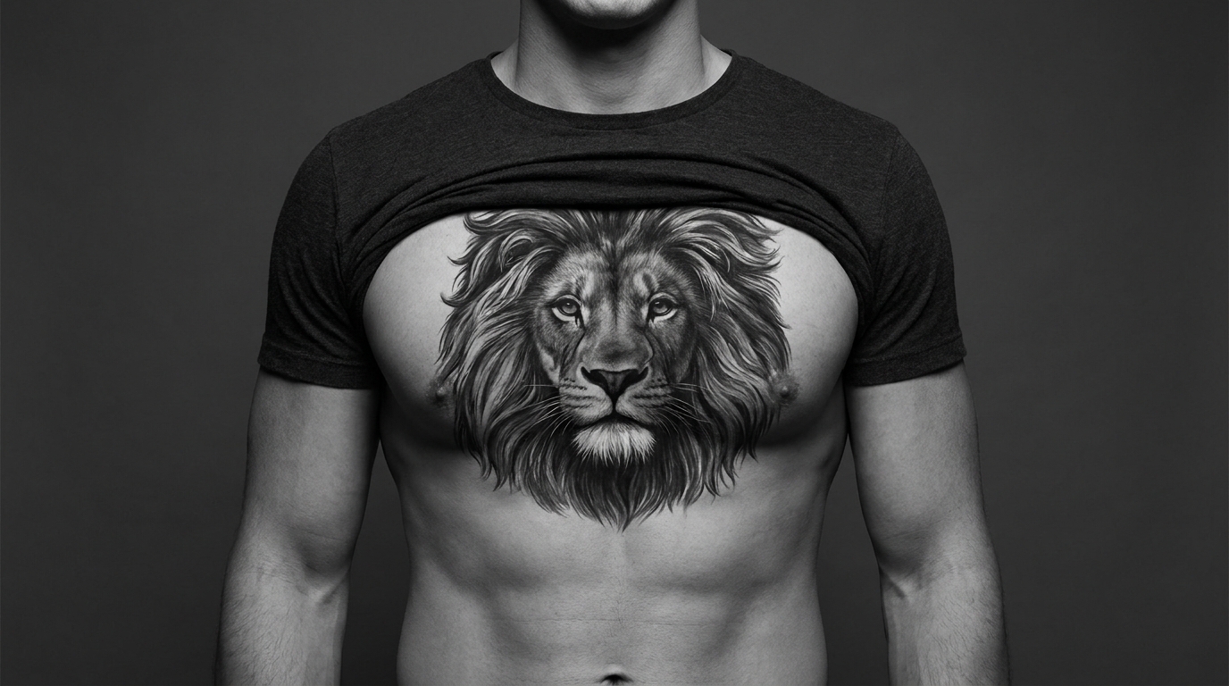 "Fotografia professionale in studio del petto di un uomo che mostra un enorme tatuaggio simmetrico raffigurante una testa di leone. Il volto del leone è perfettamente centrato sullo sterno, mentre la criniera selvaggia si estende sui muscoli pettorali. Realismo scuro magistrale, integrazione armoniosa con la forma naturale del corpo e forte contrasto."