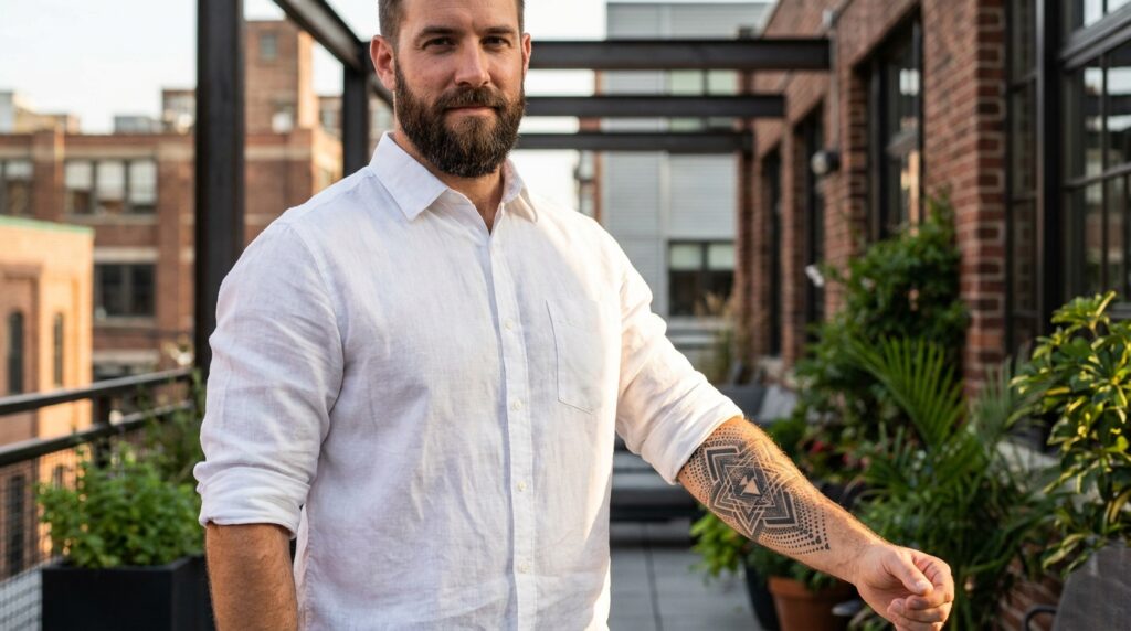 Una fotografia professionale di un uomo sicuro di sé con un elegante tatuaggio sul braccio. Il tatuaggio è un mix di elementi geometrici e in stile blackwork. Indossa una camicia bianca arrotolata, che mette in risalto la visibilità del tatuaggio.