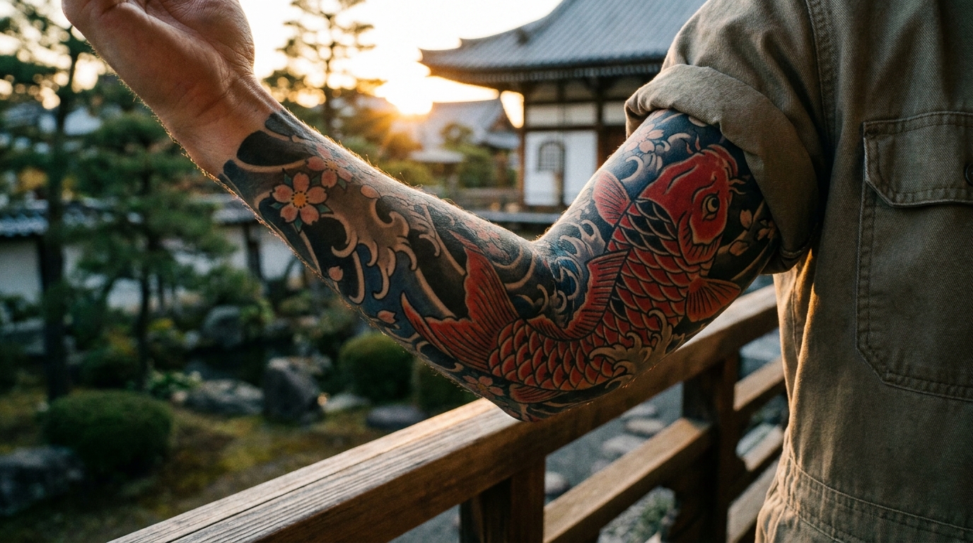 Inquadratura ampia del braccio di un uomo con un tatuaggio parziale in stile Irezumi giapponese. Il disegno include una carpa Koi di un rosso acceso, onde nere e fiori di ciliegio. Tavolozza di colori tradizionale (rosso, nero, blu), contorni decisi, composizione fluida che avvolge il braccio.