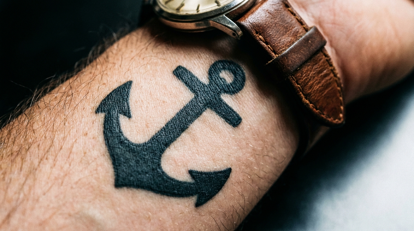 Una macrofotografia del polso di un uomo con un classico tatuaggio di un'ancora in stile blackwork. Lo stile è audace, con inchiostro nero pieno e contorni netti. Sullo sfondo si intravede un cinturino di orologio in pelle.