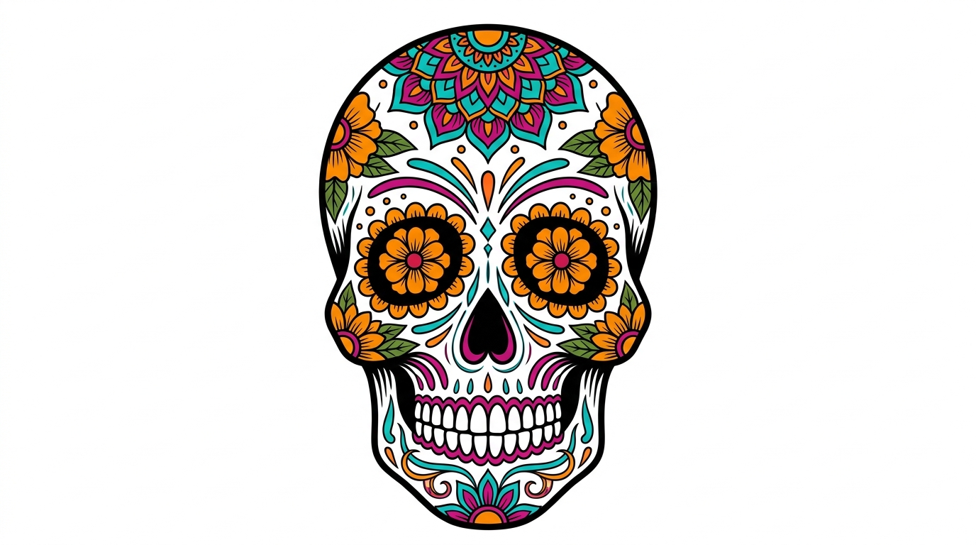 Vivace disegno di tatuaggio Mexican Sugar Skull (Calavera) ispirato al Día de los Muertos. Il teschio è riccamente decorato con fiori di calendula attorno agli occhi, intricati mandala colorati sulla fronte e motivi simmetrici dalle linee dettagliate nei toni accesi di arancione, turchese e magenta.