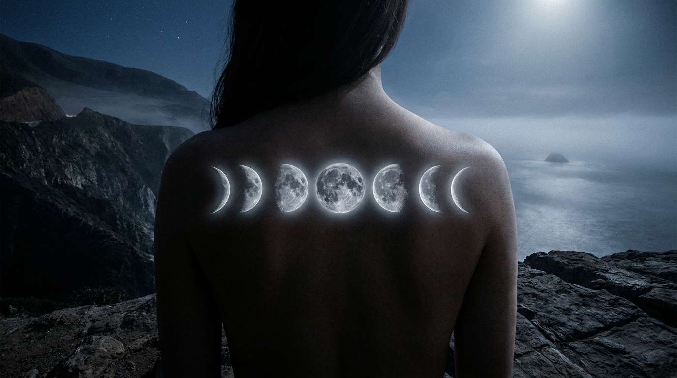 Fotografia cinematografica grandangolare di un tatuaggio lunare iperrealistico sulla parte superiore della schiena di una persona. Il tatuaggio raffigura tutte le fasi lunari disposte in linea orizzontale, illuminate da una morbida aura argentata.