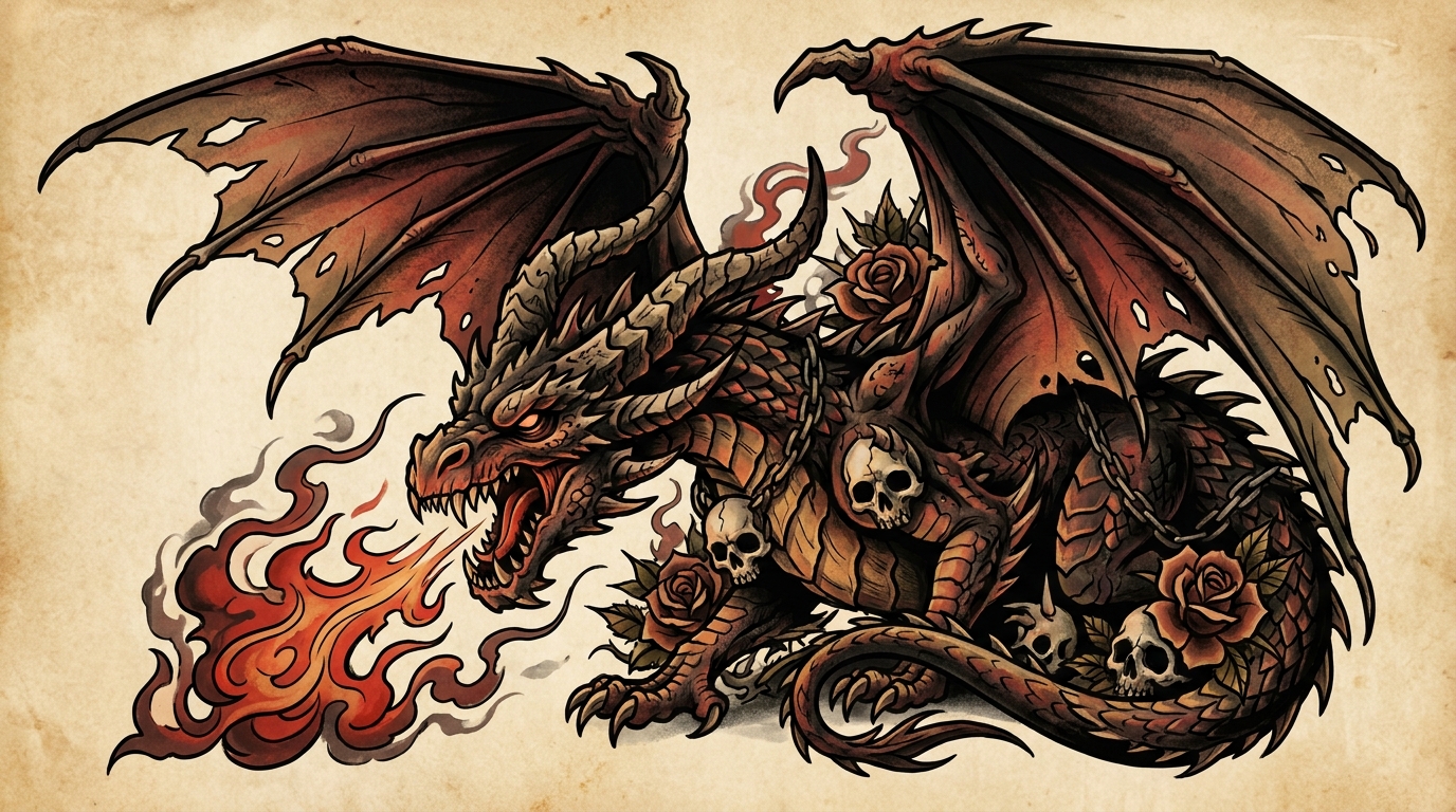 Audace tatuaggio in stile neo-tradizionale western raffigurante un feroce drago cornuto con enormi ali coriacee che sputano fiamme rosse e arancioni, realizzato con contorni spessi, ombreggiature intense e un'estetica oscura e ribelle su uno sfondo neutro.