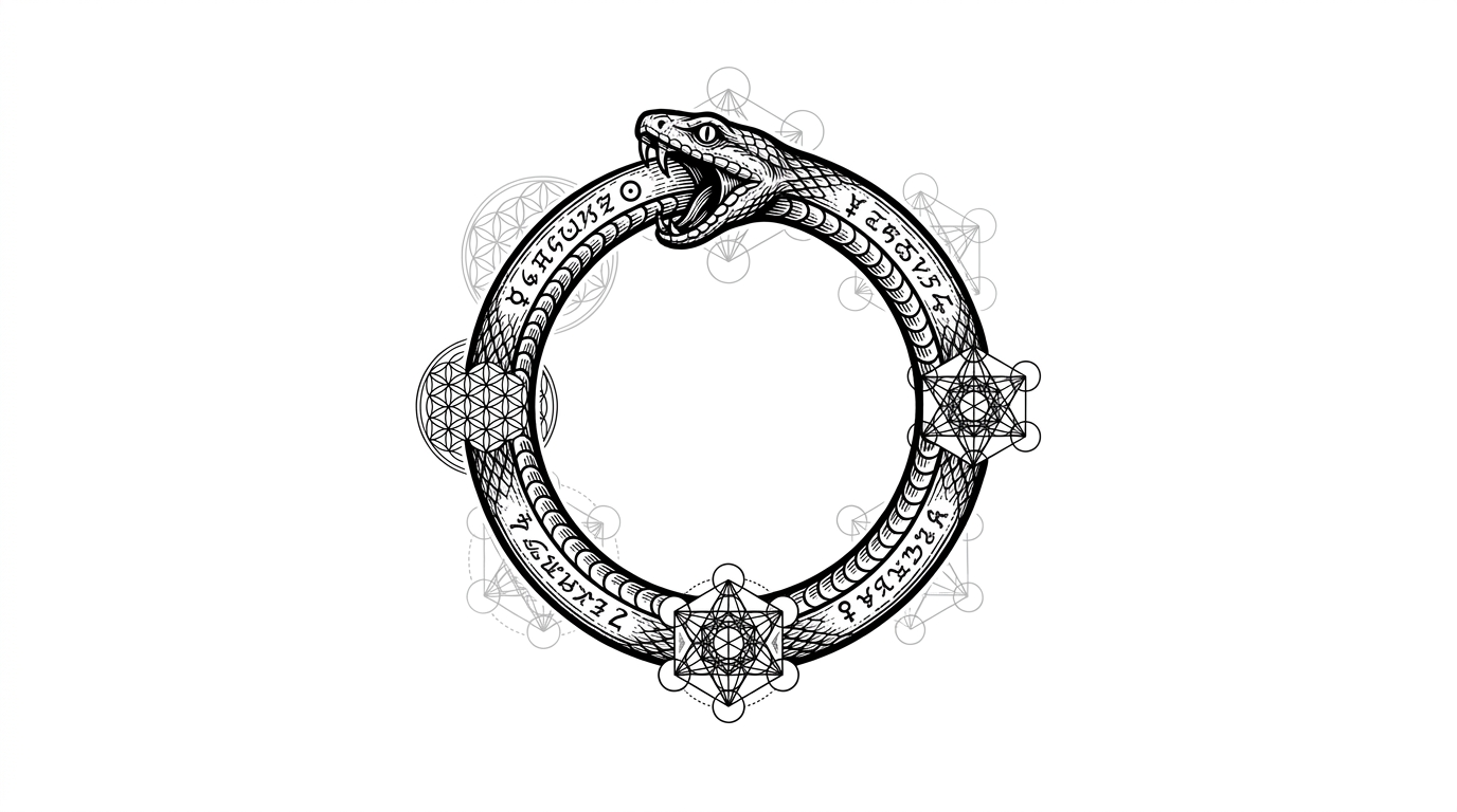 "Design di tatuaggio alchemico raffigurante un Ouroboros, il serpente che morde la propria coda formando un cerchio perfetto. Il tatuaggio presenta texture ispirate alle incisioni xilografiche e dettagli di geometria sacra sullo sfondo, con linee nere nitide e stile mistico ed esoterico su sfondo bianco pulito." 