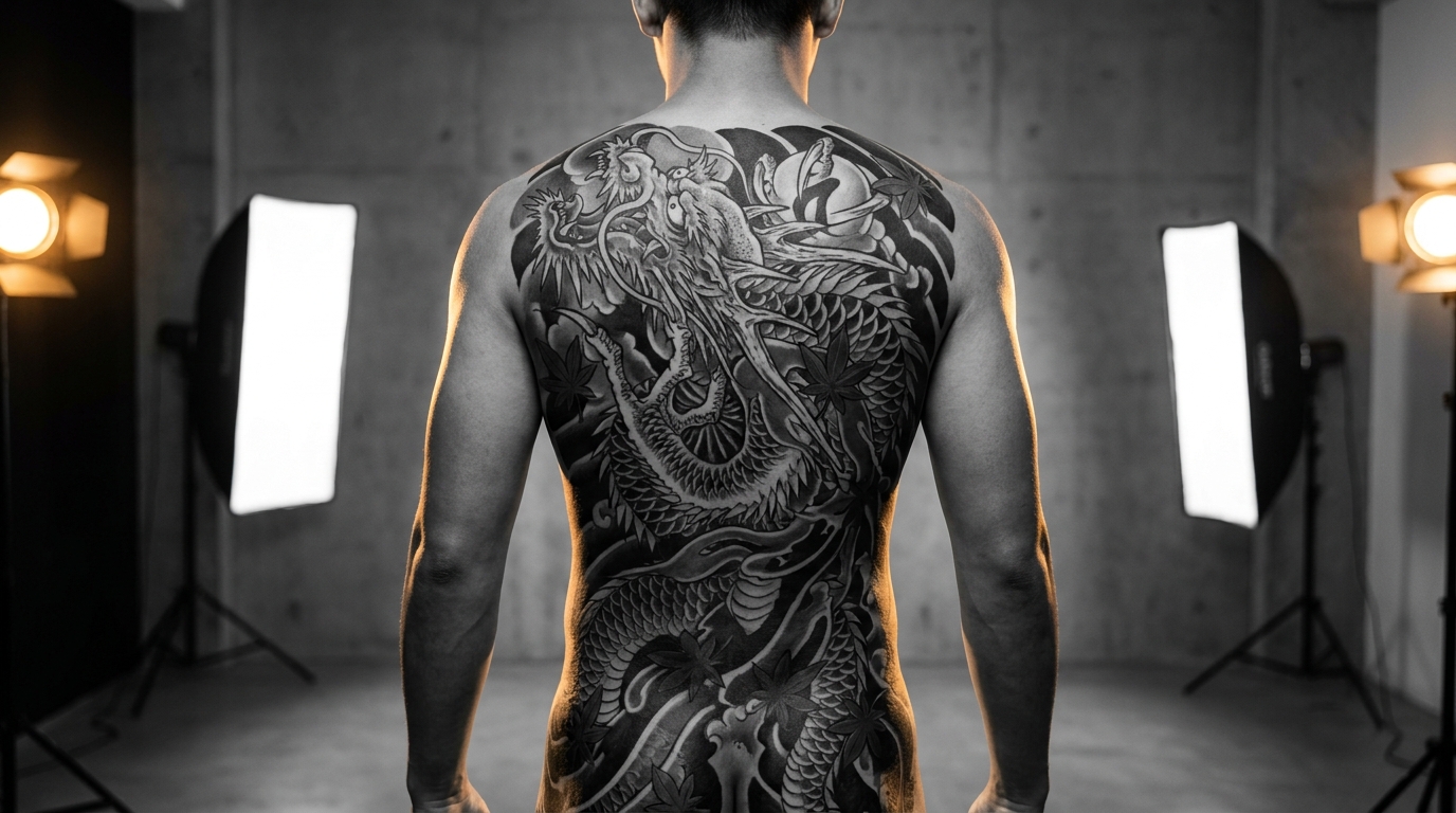 Fotografia in studio a campo largo, scattata da dietro, di una persona che mostra un tatuaggio di un drago giapponese che ricopre l'intera schiena. Il drago si avvolge intorno alle spalle, alla colonna vertebrale e ai fianchi, circondato da strisce di vento nere e foglie d'acero rosse, il tutto illuminato da una luce artistica che ne esalta la fluidità e i contorni del corpo.