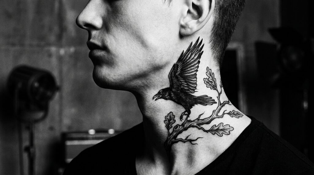 Fotografia artistica e suggestiva in studio che mette a fuoco il profilo laterale di una persona, mostrando un tatuaggio audace ed elegante sul lato del collo. L’illuminazione in bianco e nero ad alto contrasto evidenzia i contorni naturali della mascella e dei muscoli del collo.