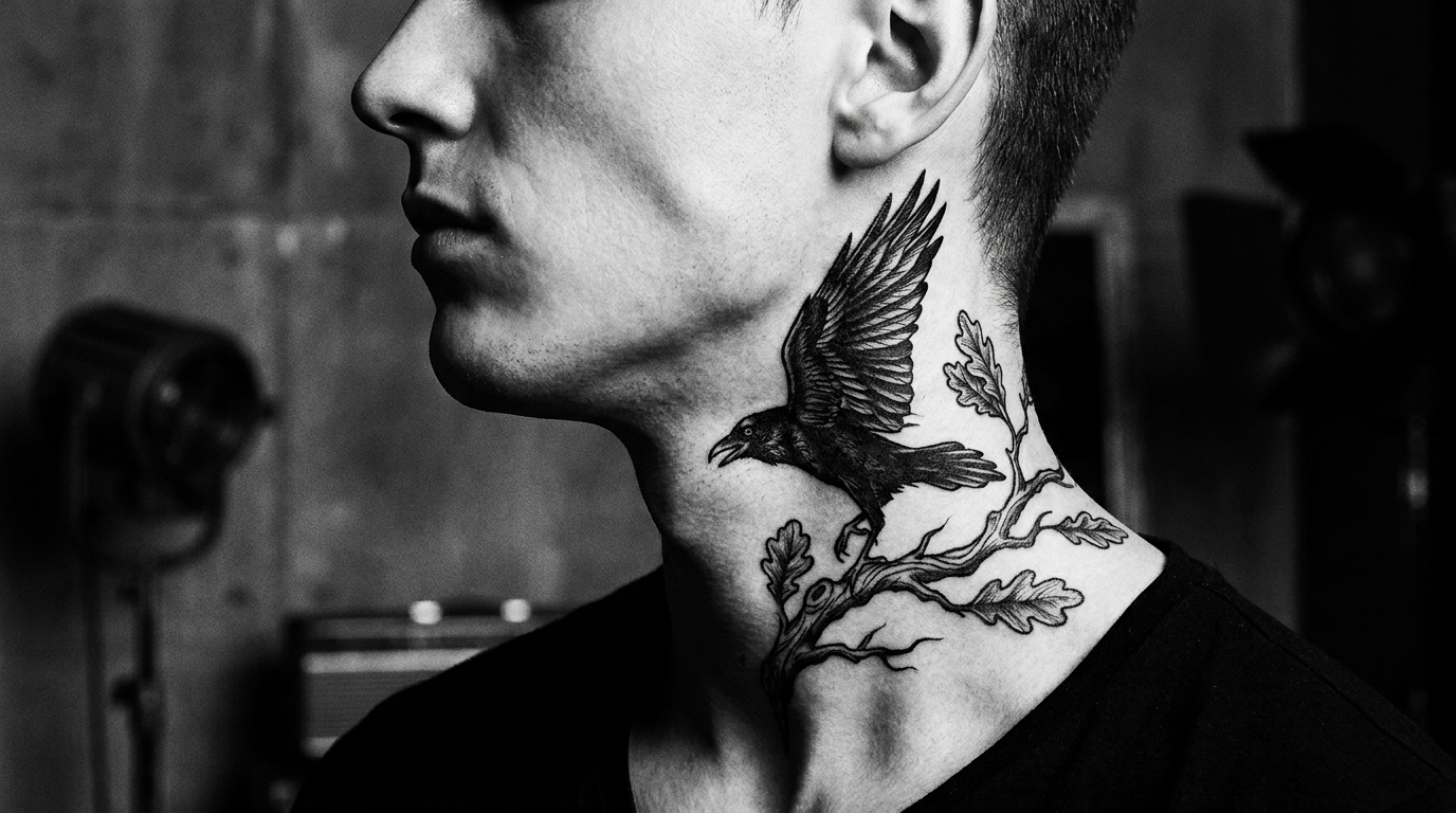 Fotografia artistica e suggestiva in studio che mette a fuoco il profilo laterale di una persona, mostrando un tatuaggio audace ed elegante sul lato del collo. L’illuminazione in bianco e nero ad alto contrasto evidenzia i contorni naturali della mascella e dei muscoli del collo.
