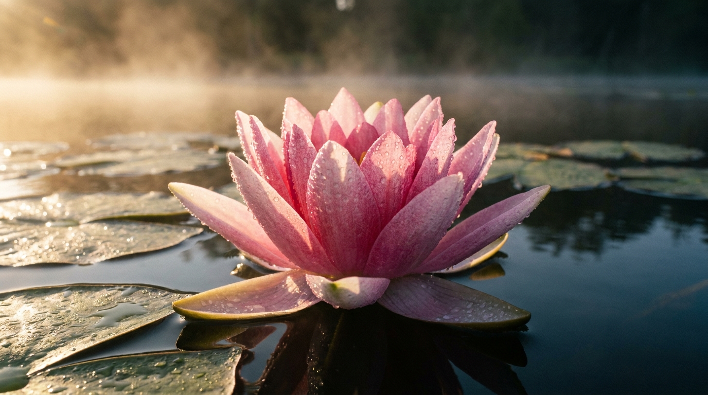 Magnifica fotografia cinematografica di un sacro fiore di loto rosa in piena fioritura, che galleggia elegantemente su acque scure e calme. Perfette gocce di rugiada cristallina si posano sui petali idrofobici, creando il caratteristico effetto loto e riflettendo un caldo raggio di luce del mattino.