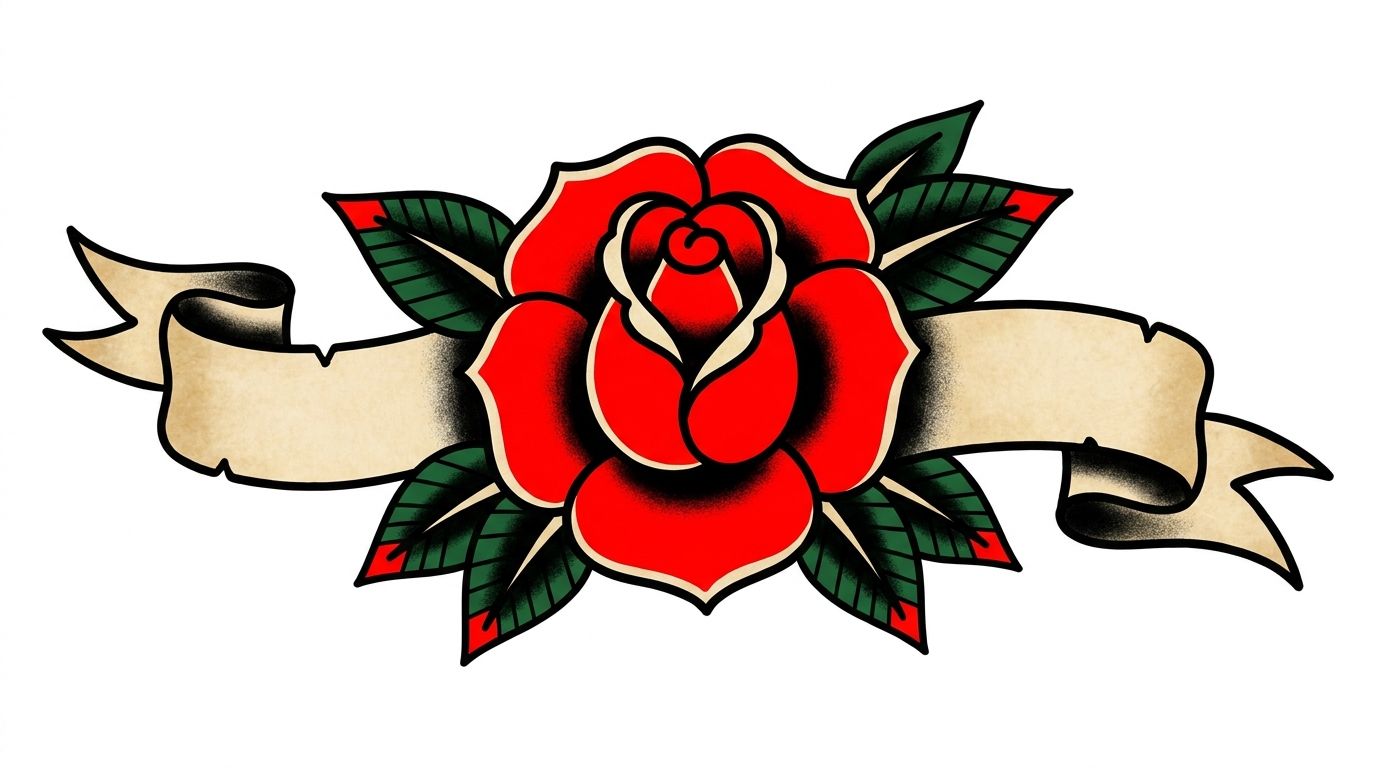 "Design di tatuaggio American Traditional Old School raffigurante una vivace rosa rossa con contorni neri marcati, ombreggiature intense e palette classica nei toni del rosso brillante e verde bosco. La composizione include un nastro pergamena vintage vuoto, perfetto per personalizzazioni con nomi o scritte."
