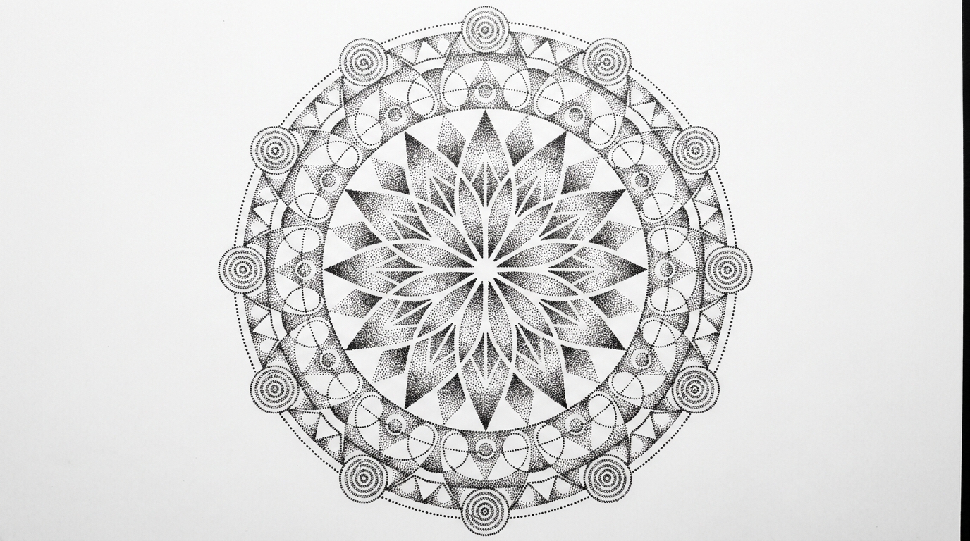 Complesso disegno di tatuaggio di geometria sacra raffigurante un fiore di loto a otto petali integrato al centro di un intricato mandala in stile dotwork. Linee perfettamente simmetriche, sfumature realizzate con micro-punti e composizione spirituale e cosmica ricca di dettagli.