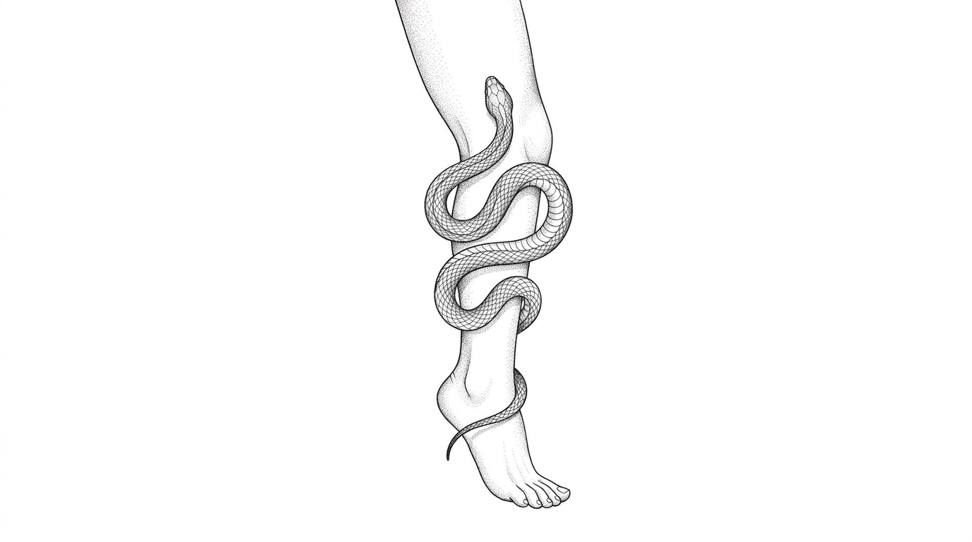 Dinamico disegno di tatuaggio Fineline raffigurante un elegante serpente sinuoso che si avvolge con grazia attorno al polpaccio e alla caviglia. Inchiostro nero pulito con meticolose micro-sfumature sulle squame, creando un movimento organico naturale che segue armoniosamente l’anatomia umana.