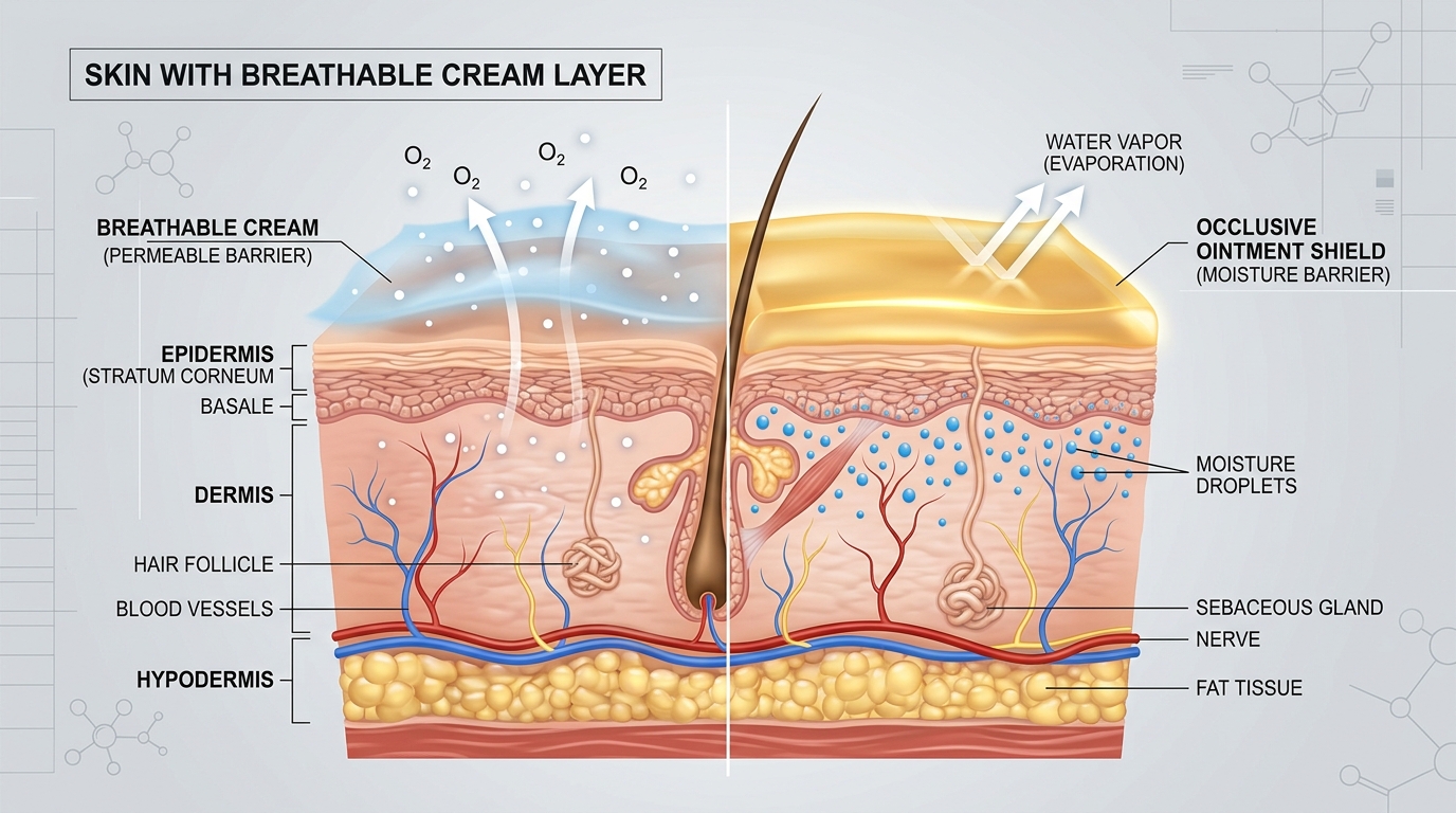 Illustrazione medica 3D stilizzata e didattica degli strati della pelle. Da un lato, una sottile nebbiolina blu rappresenta uno strato di crema traspirante che permette il passaggio delle molecole d'aria (piccoli puntini). Dall'altro lato, uno scudo dorato solido rappresenta un unguento occlusivo che trattiene l'umidità nel derma. Estetica professionale, pulita e scientifica.
