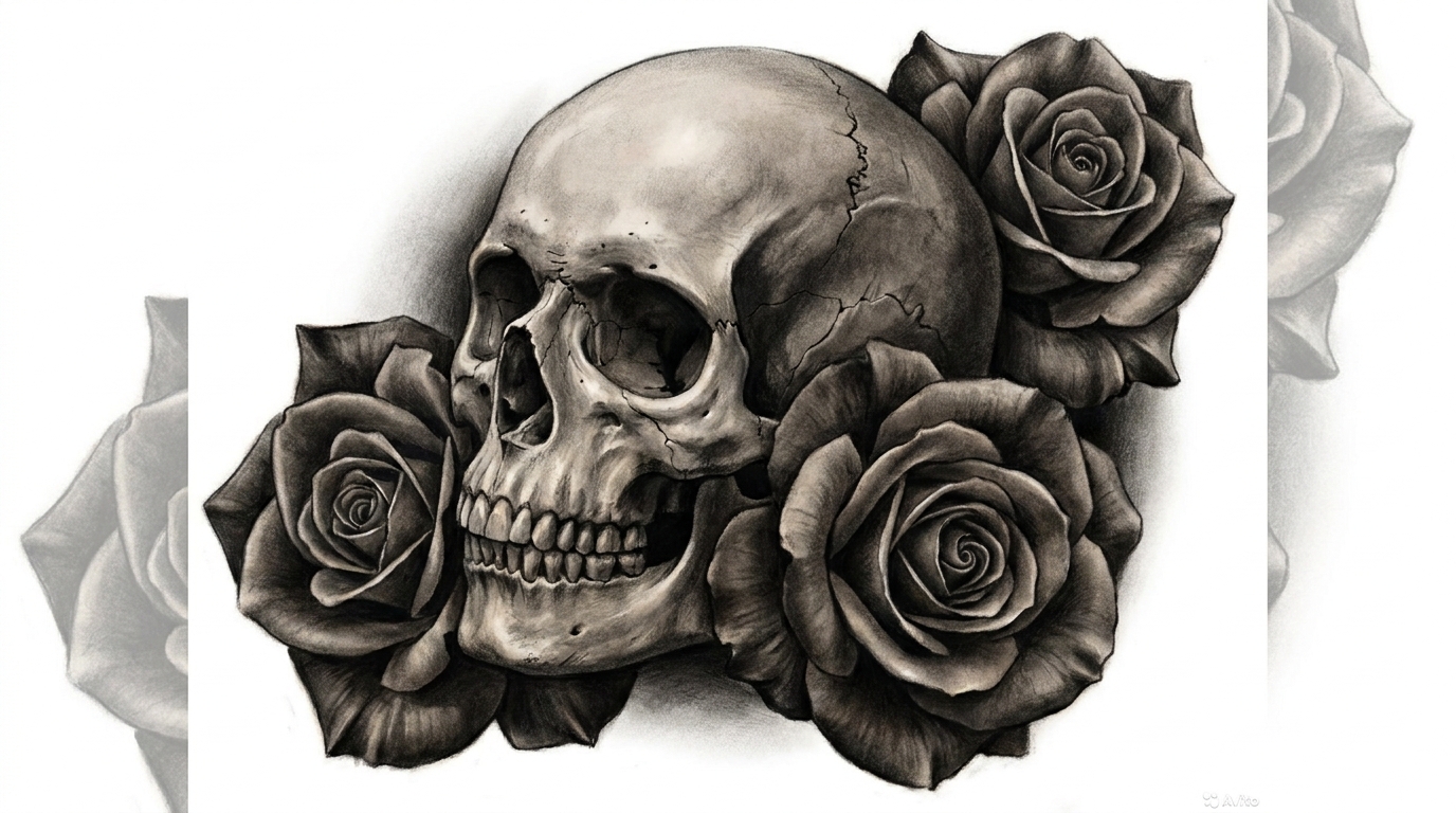 Suggestivo disegno di tatuaggio realistico Black and Grey raffigurante un teschio umano intrecciato a rose in piena fioritura dalle profonde sfumature. La texture ossea del teschio presenta crepe realistiche e ombre morbide, mentre i petali delle rose appaiono soffici e vellutati.
