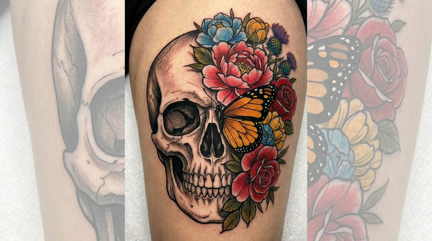 Design di tatuaggio in stile neo tradizionale che rappresenta un forte dualismo visivo. Un teschio umano dettagliato rivolto frontalmente, con una metà del volto che si trasforma armoniosamente in un vivace bouquet di fiori in piena fioritura. Una grande farfalla colorata è posata sopra l’orbita dell’occhio, aggiungendo contrasto ed eleganza alla composizione.