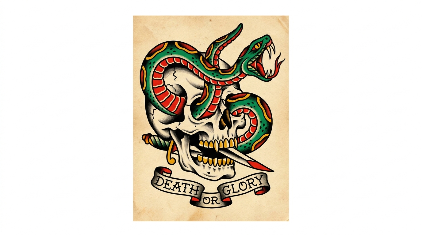 "Tatuaggio American Traditional con serpente verde avvolto attraverso le orbite di un teschio umano sorridente, contorni neri spessi, colori pieni e ombreggiatura tradizionale a puntini su sfondo bianco." 