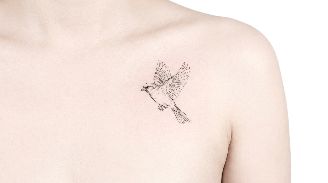 Tatuaggio minimalista fineline raffigurante un piccolo passero realistico in volo, posizionato appena sopra il cuore sulla parte superiore del petto. Linee ultra sottili e nitide, estetica semplice ed elegante, stile minimalista moderno, isolato su uno sfondo bianco uniforme.
