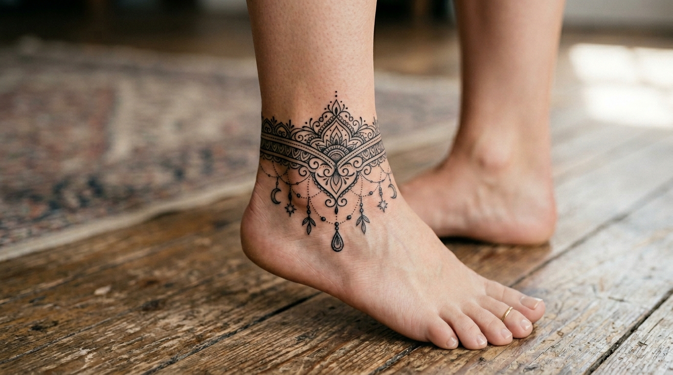 Una fotografia ravvicinata di un tatuaggio a forma di cavigliera che avvolge completamente la caviglia. Il disegno è un sofisticato motivo ornamentale con piccoli dettagli pendenti.