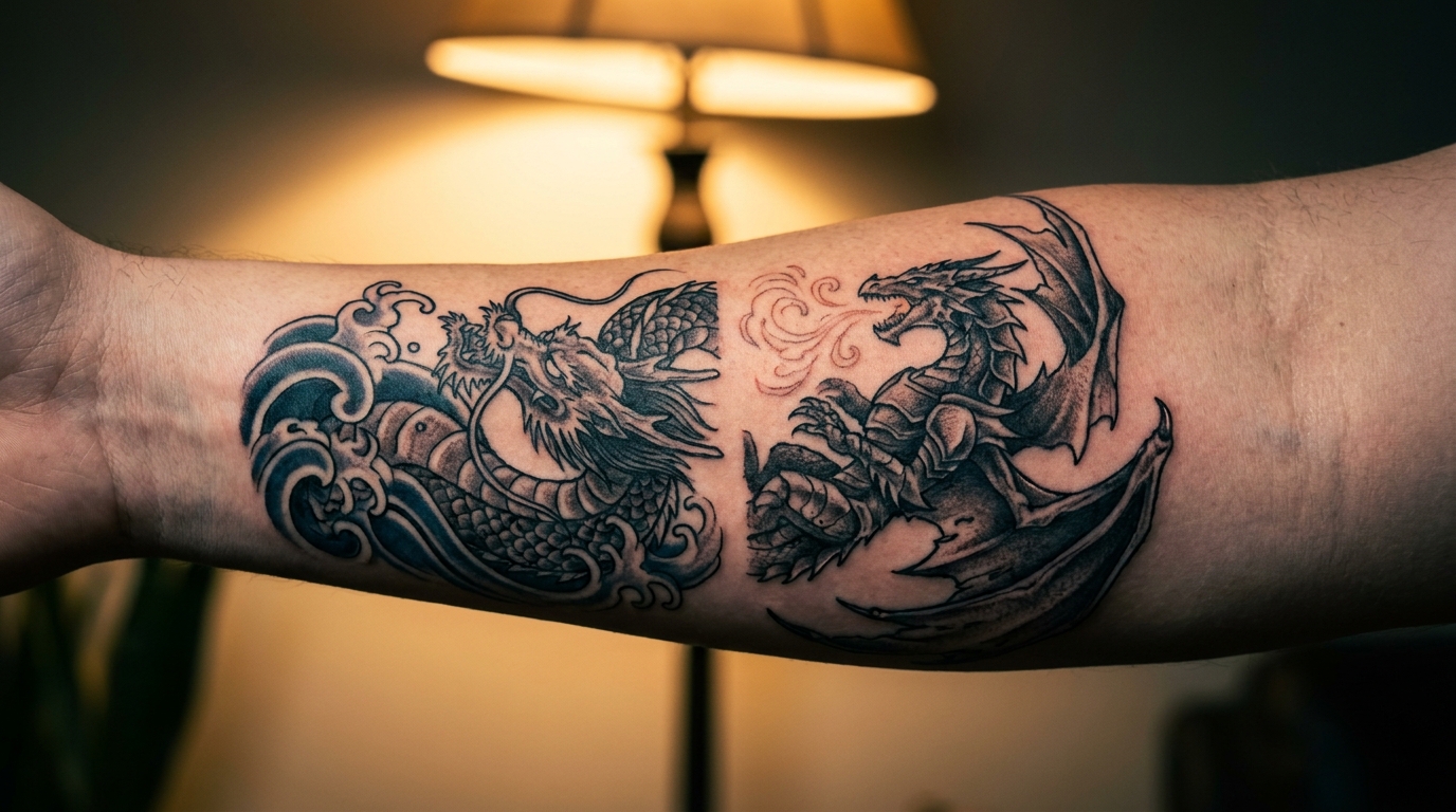 Primo piano dello stencil di un tatuatore o di un tatuaggio a disegno diviso finito su pelle pulita. Da un lato, un drago giapponese Ryu fluido ed elegante si snoda tra onde scure; dall'altro, un potente e affilato drago occidentale emana un accenno di braci.