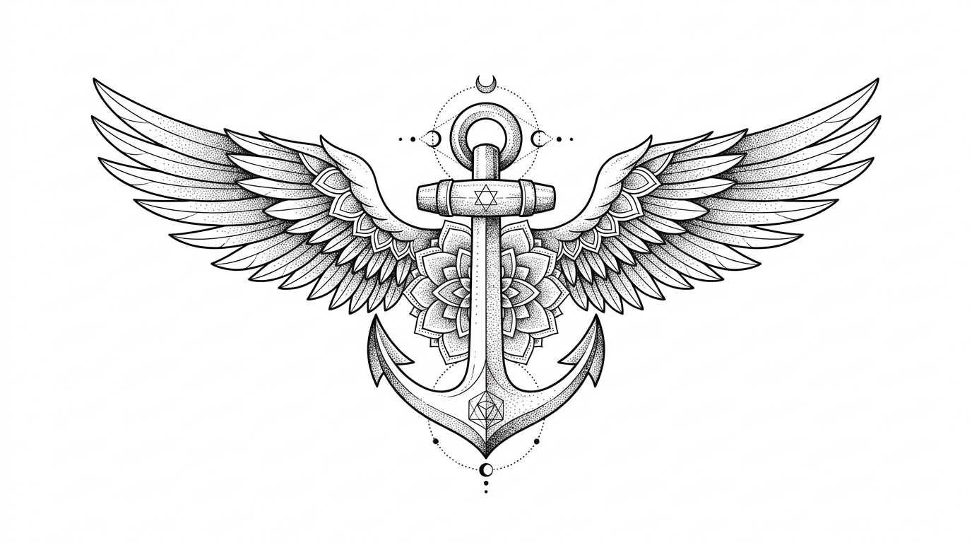 Disegno concettuale di tatuaggio fineline raffigurante un’ancora stilizzata che si trasforma armoniosamente in una coppia di maestose ali piumate su entrambi i lati. Raffinate sfumature in dotwork (stippling), elegante simmetria geometrica e composizione esoterica moderna e pulita, isolata su uno sfondo bianco uniforme.