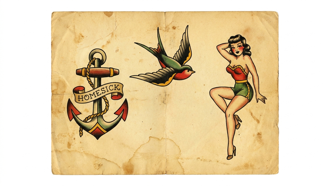 Flash sheet di tatuaggi vintage ispirati allo stile Sailor Jerry degli anni ’30 con ancora, rondine in volo e pin-up retrò su carta ingiallita con colori classici e contorni marcati